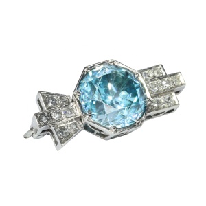 1950s Platinum Brooch with Blue Zircon  Refined Mid-Century Geometry